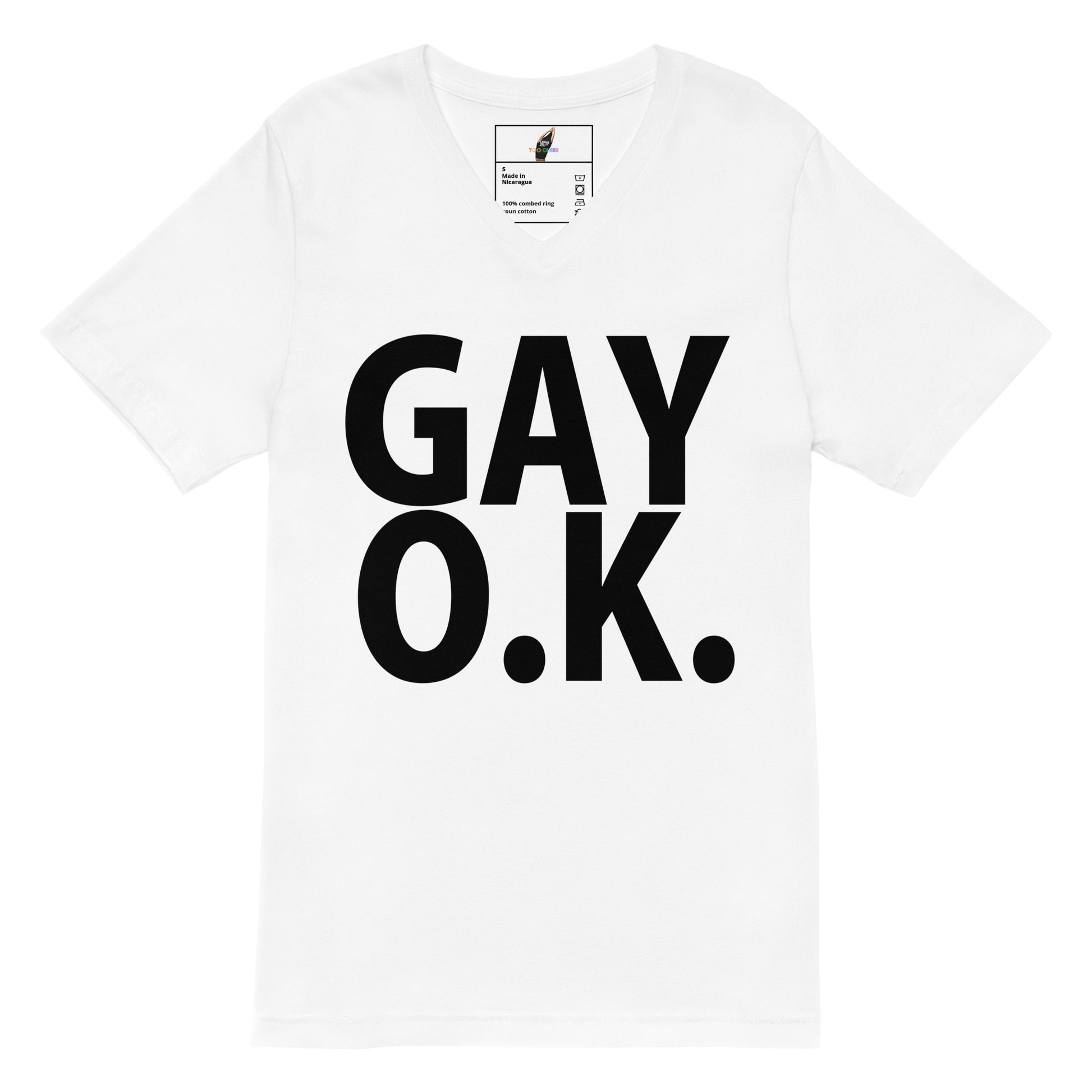 A white short-sleeve crewneck t-shirt featuring the bold black text 'GAY O.K.