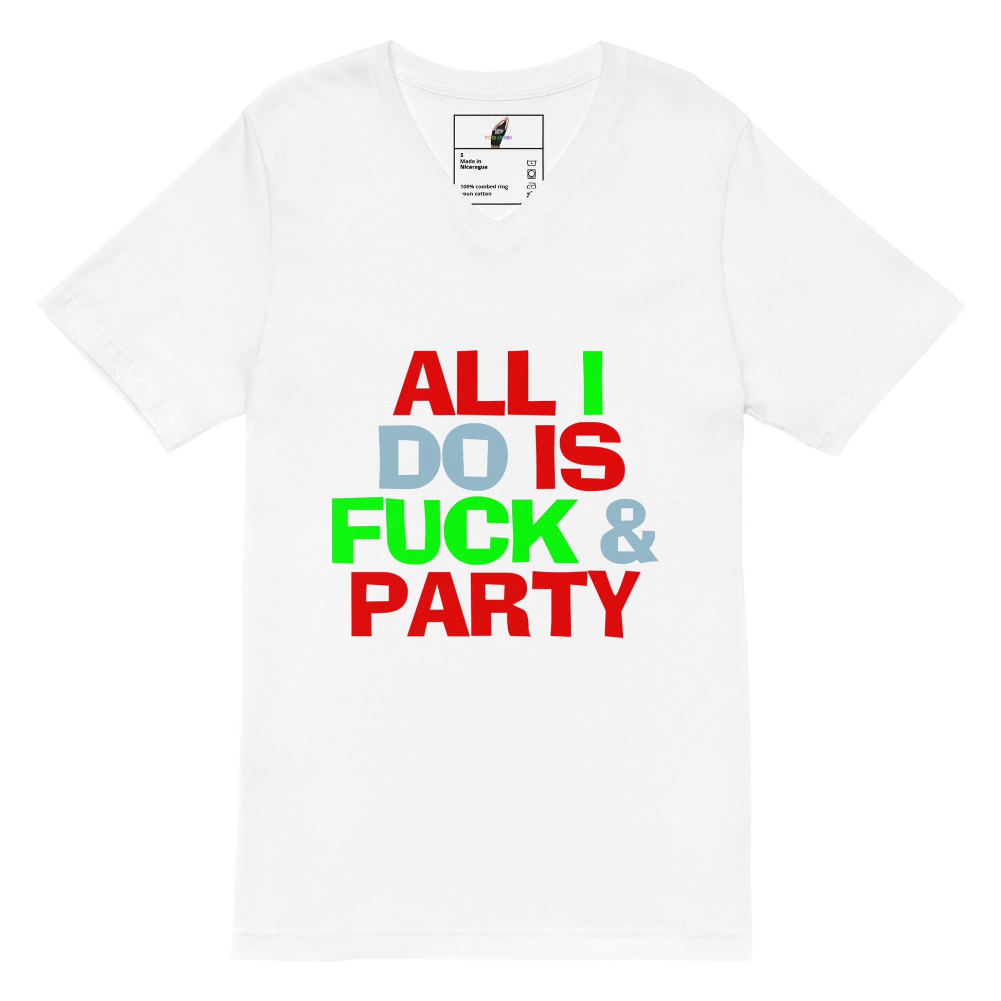 A white short-sleeve crewneck t-shirt featuring a bold graphic text print on the front that reads 'ALL I DO IS FUCK & PARTY' in red, light blue, and green block letters.