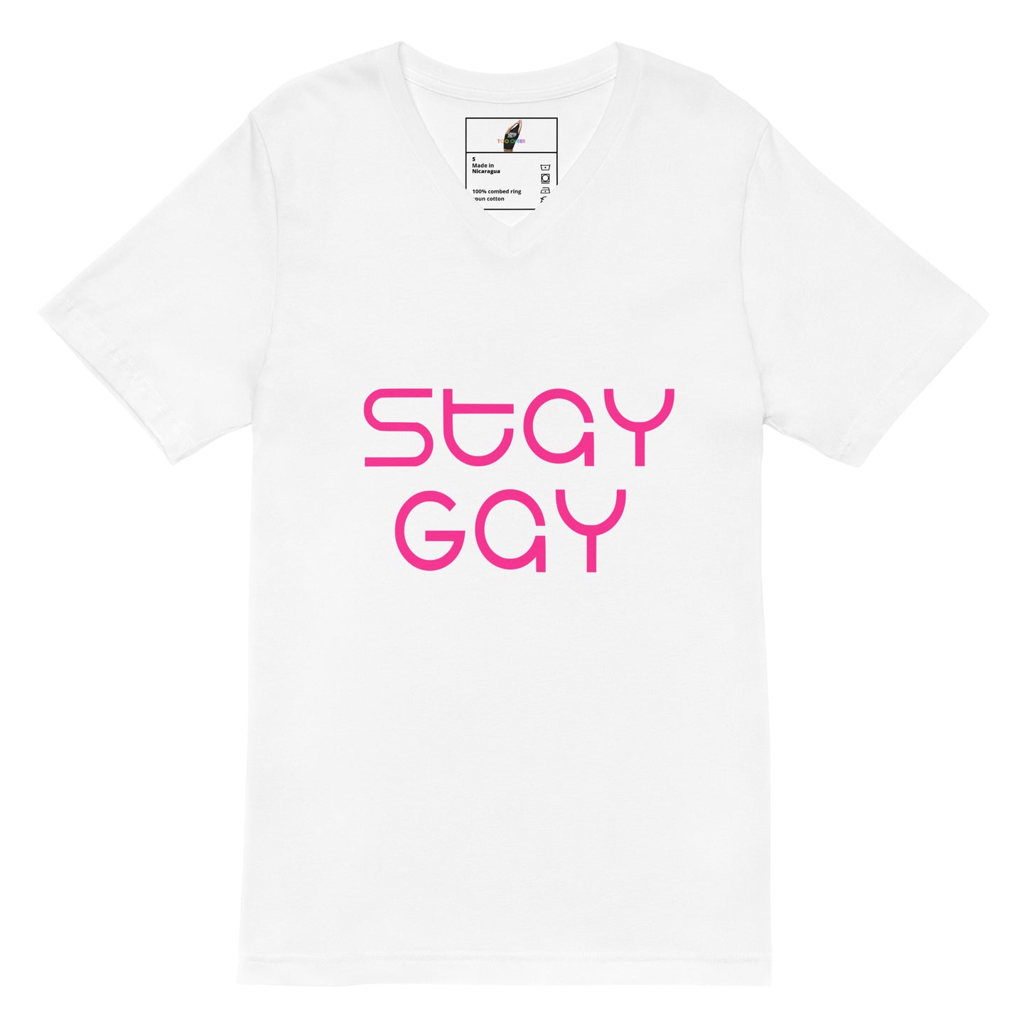 A white short-sleeve crewneck t-shirt featuring the words 'STAY GAY' printed in a vibrant pink retro font on the front, displayed against a clean white background.