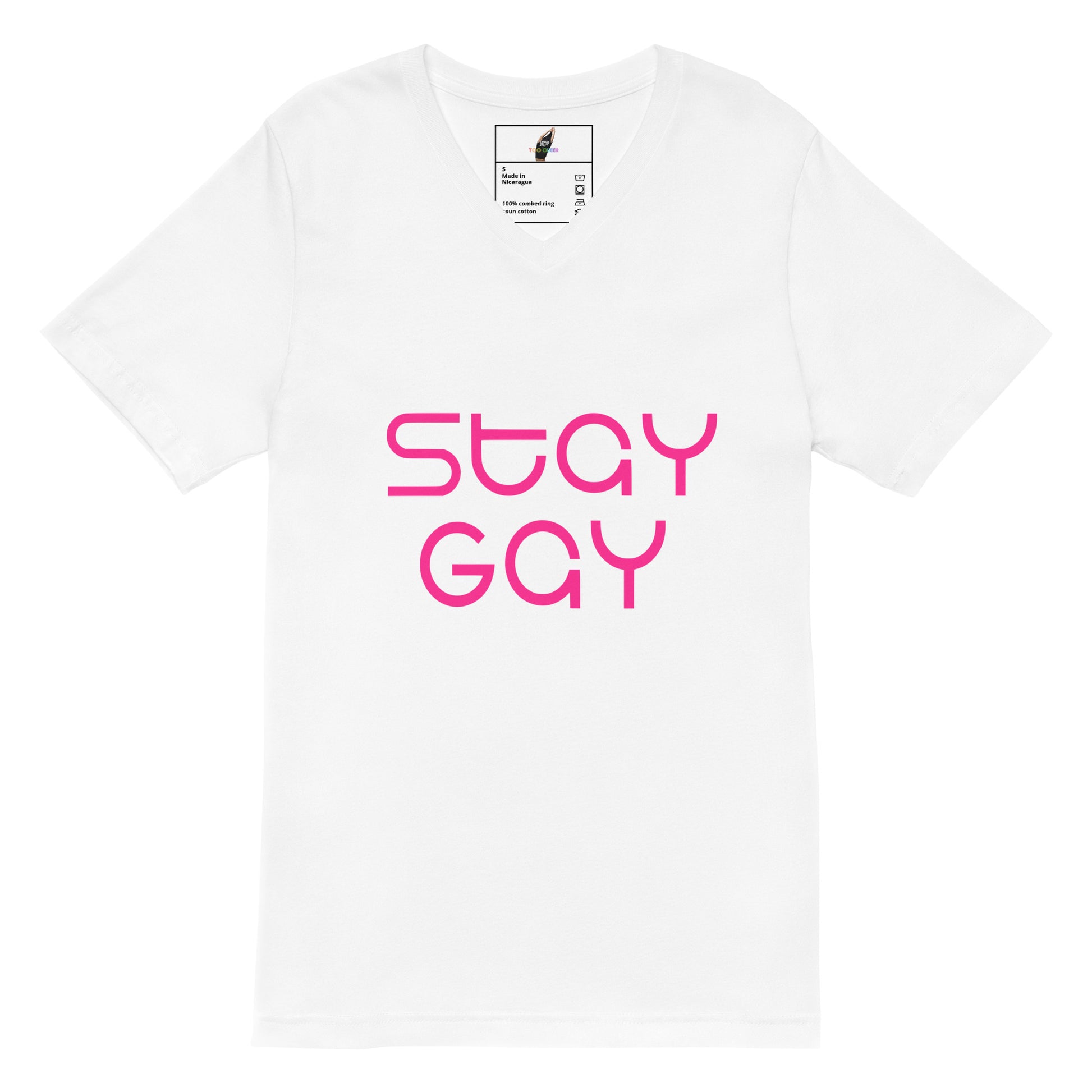 A white short-sleeve crewneck t-shirt featuring the words 'STAY GAY' printed in a vibrant pink retro font on the front, displayed against a clean white background.
