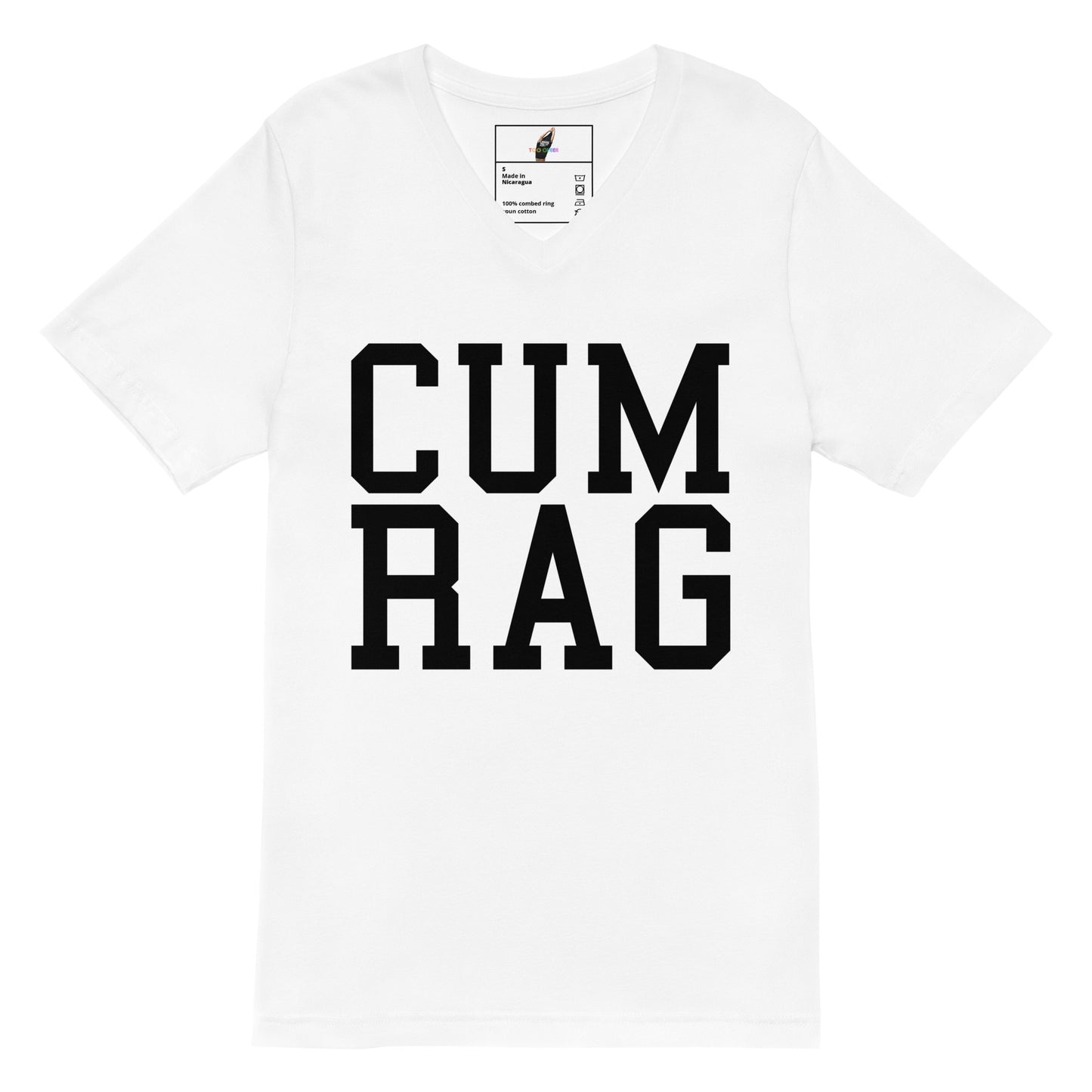 A white short-sleeve crewneck t-shirt featuring the words 'CUM RAG' printed in bold black varsity-style block letters across the chest.