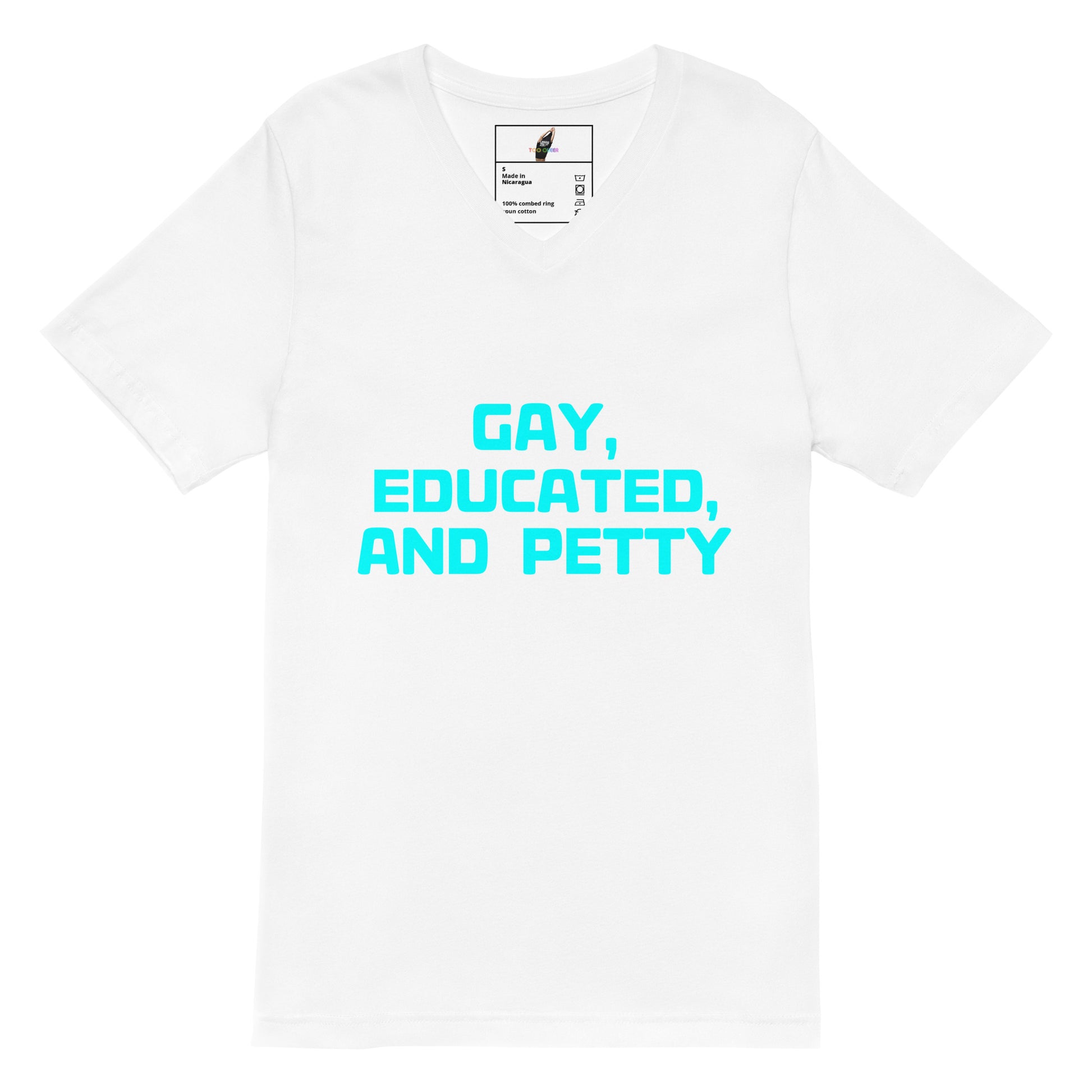 A white short-sleeve crewneck t-shirt with the text 'GAY, EDUCATED, AND PETTY' printed in bright cyan on the front, displayed on a clean white background.