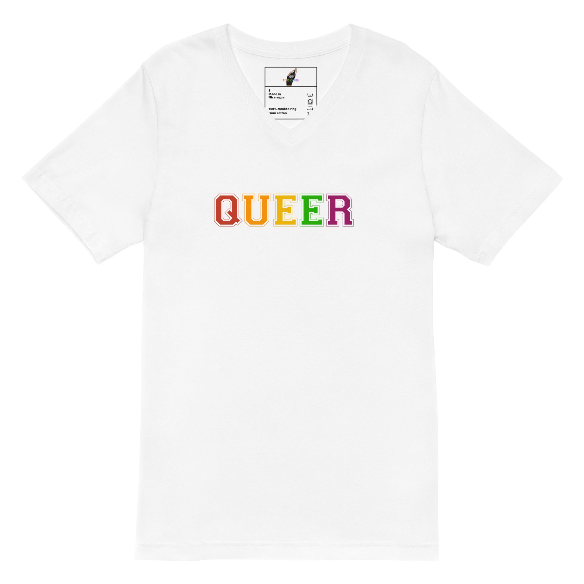 A white short-sleeve crewneck t-shirt featuring the word 'QUEER' printed across the chest in a rainbow gradient. The shirt is displayed flat against a solid white background, with a small brand label visible inside the collar.