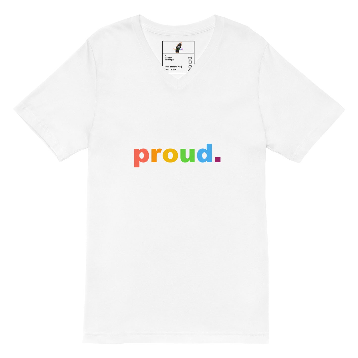 A white short-sleeve crewneck t-shirt featuring the word 'proud.' printed across the chest in a rainbow gradient.