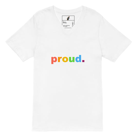 A white short-sleeve crewneck t-shirt featuring the word 'proud.' printed across the chest in a rainbow gradient.