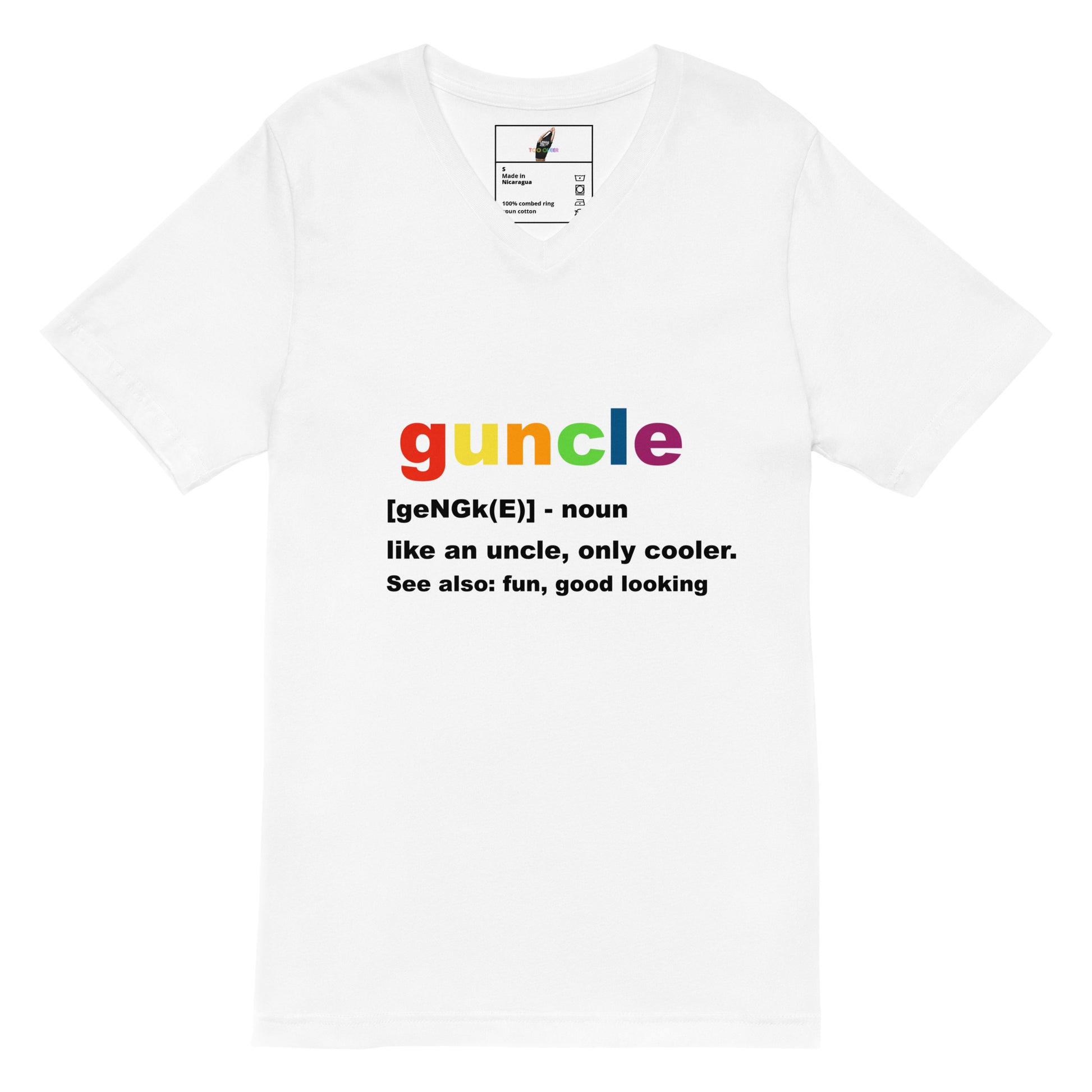 A white short-sleeve t-shirt with a colorful graphic on the chest spelling out 'guncle' in rainbow colors, followed by a dictionary definition in black text.