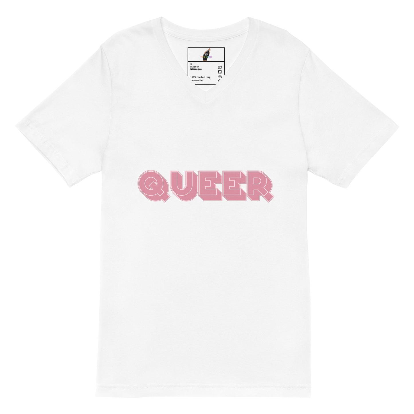 A white short-sleeve crewneck t-shirt featuring the word 'QUEER' printed across the chest in a pink bubble font with a black outline.