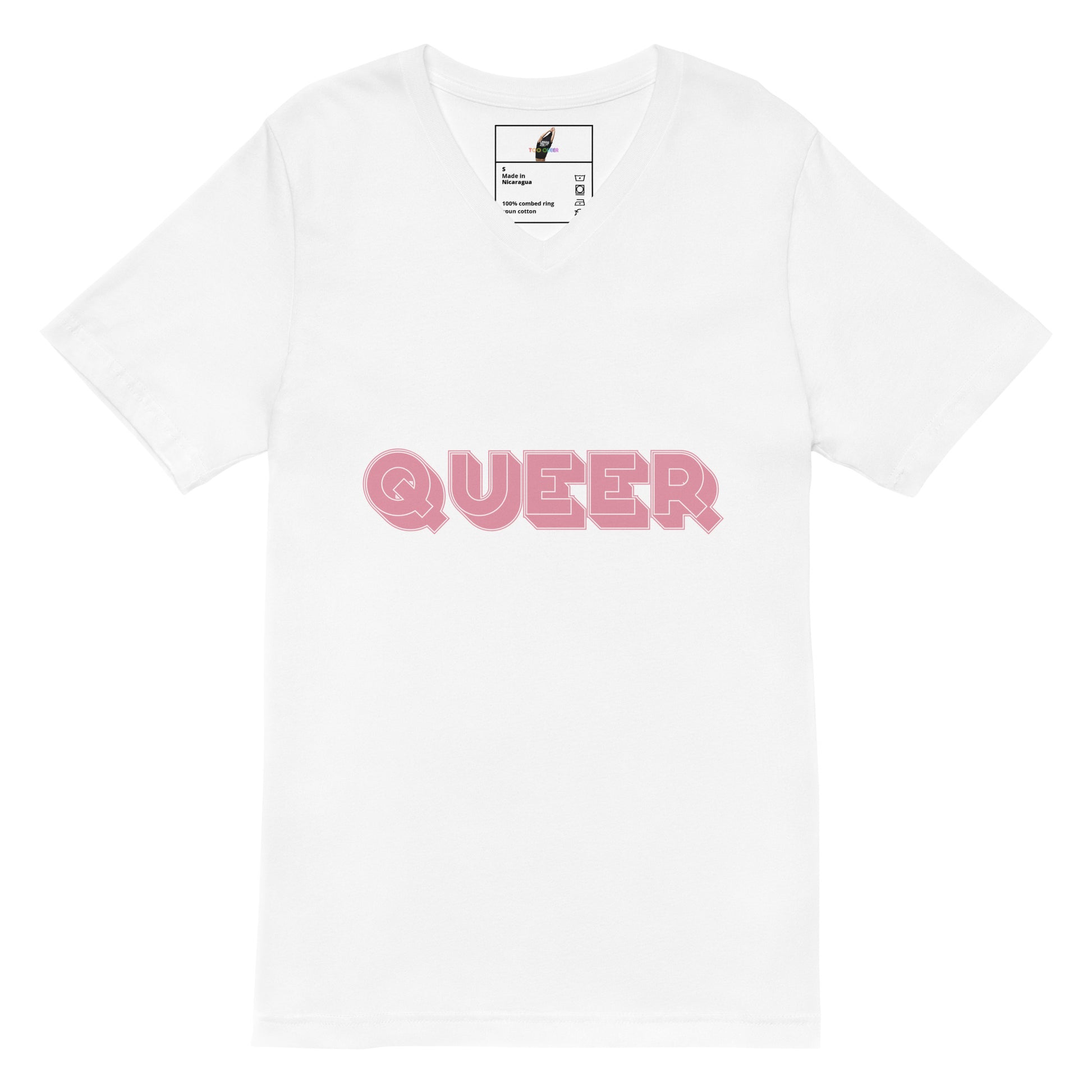 A white short-sleeve crewneck t-shirt featuring the word 'QUEER' printed across the chest in a pink bubble font with a black outline.
