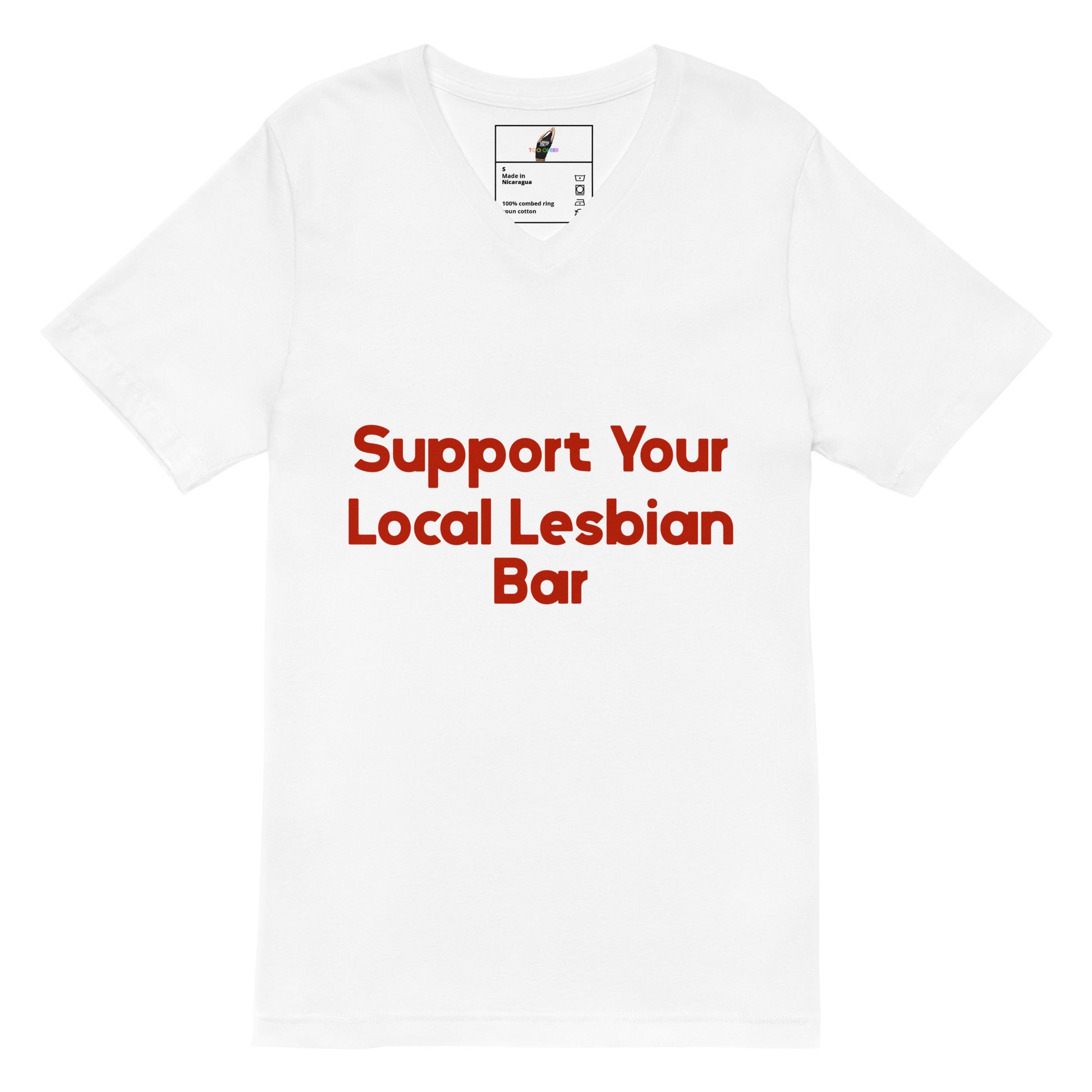 A white short-sleeve crewneck t-shirt with the phrase 'Support Your Local Lesbian Bar' printed in red across the chest, displayed on a clean white background.