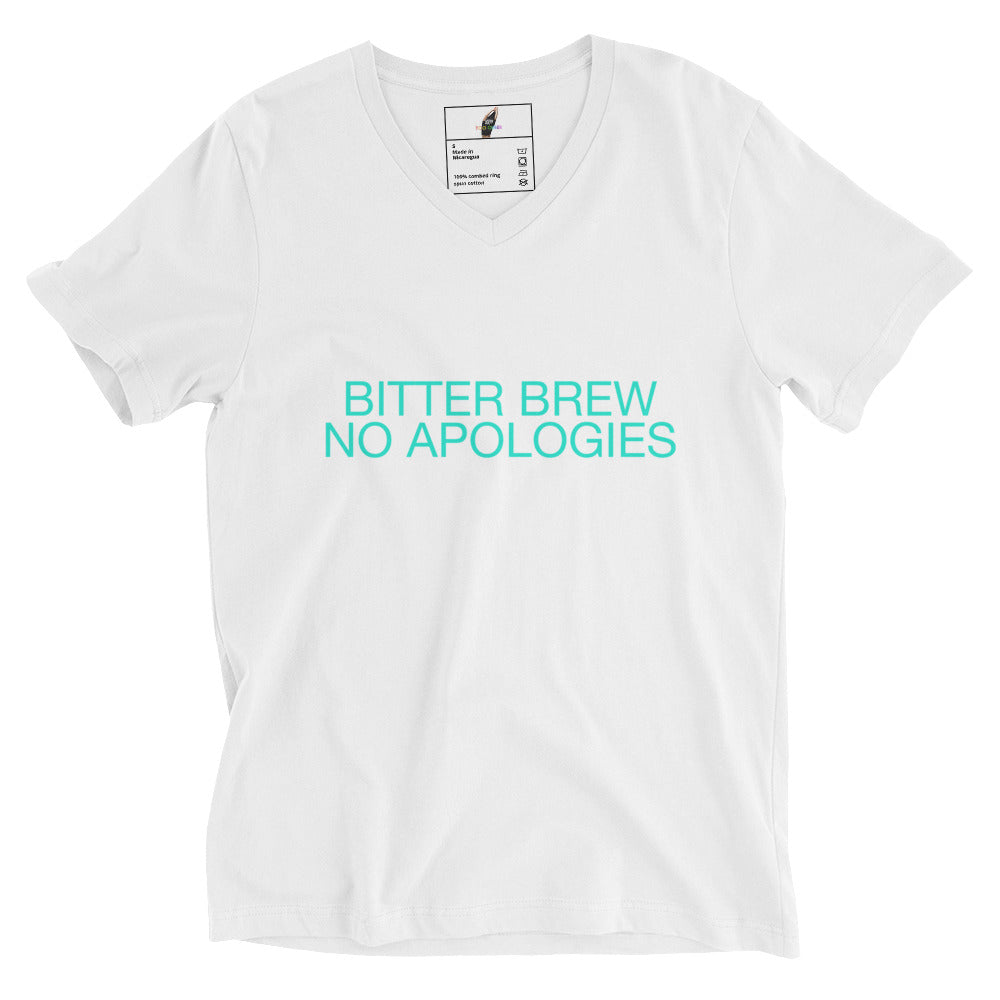 BITTER BREW NO APOLOGIES Unisex Short Sleeve V-Neck T-Shirt - White