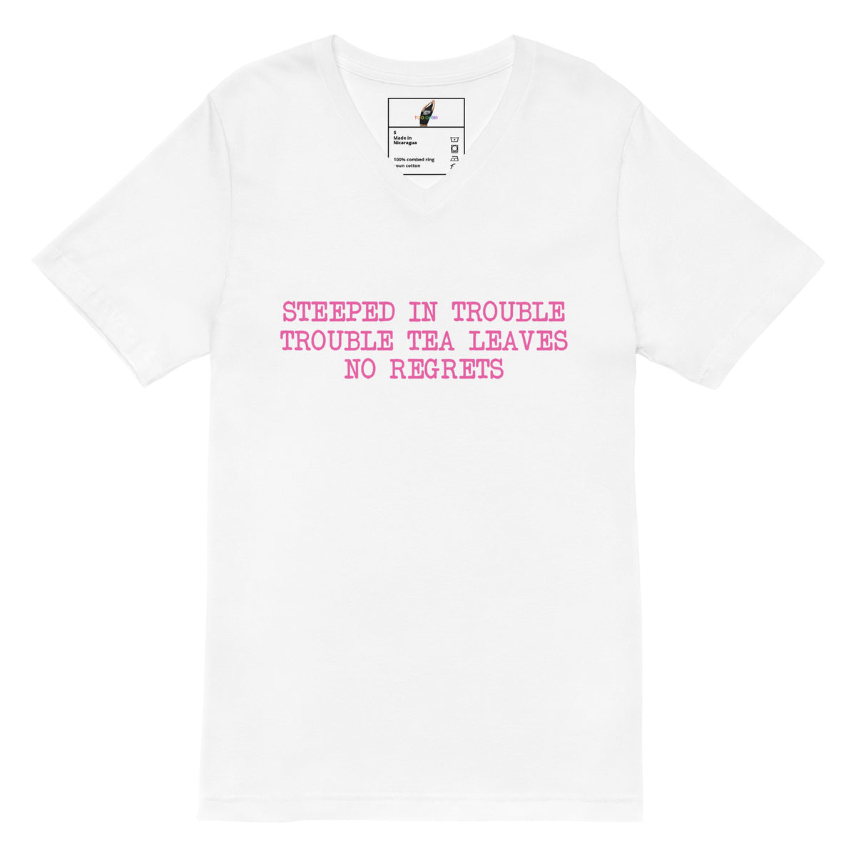 Steeped In Trouble Unisex Short Sleeve V-Neck T-Shirt - White