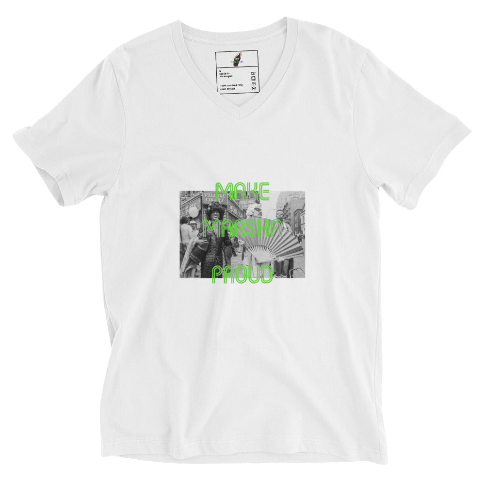 Make Marsha Proud Unisex Short Sleeve V-Neck T-Shirt - White