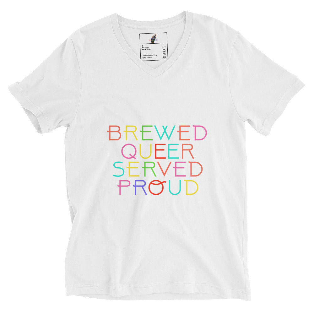 Brewed Queer Served Proud Unisex Short Sleeve V-Neck T-Shirt - White